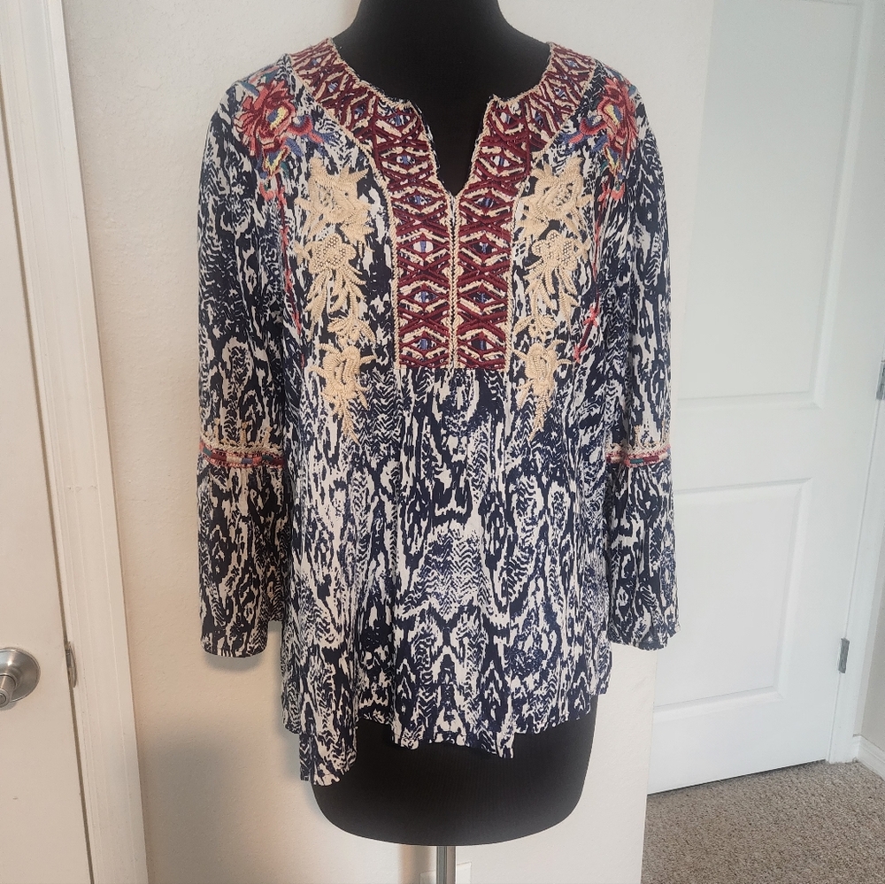 Sigrid Olsen Navy and Red Embroidered Blouse